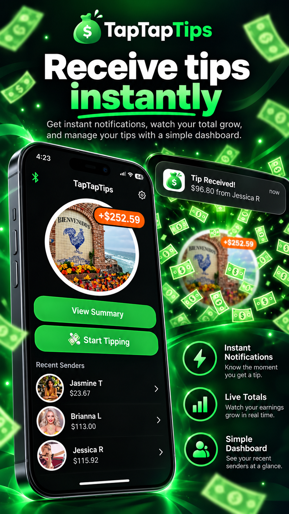 TapTapTips home screen with a tip received notification and recent senders
