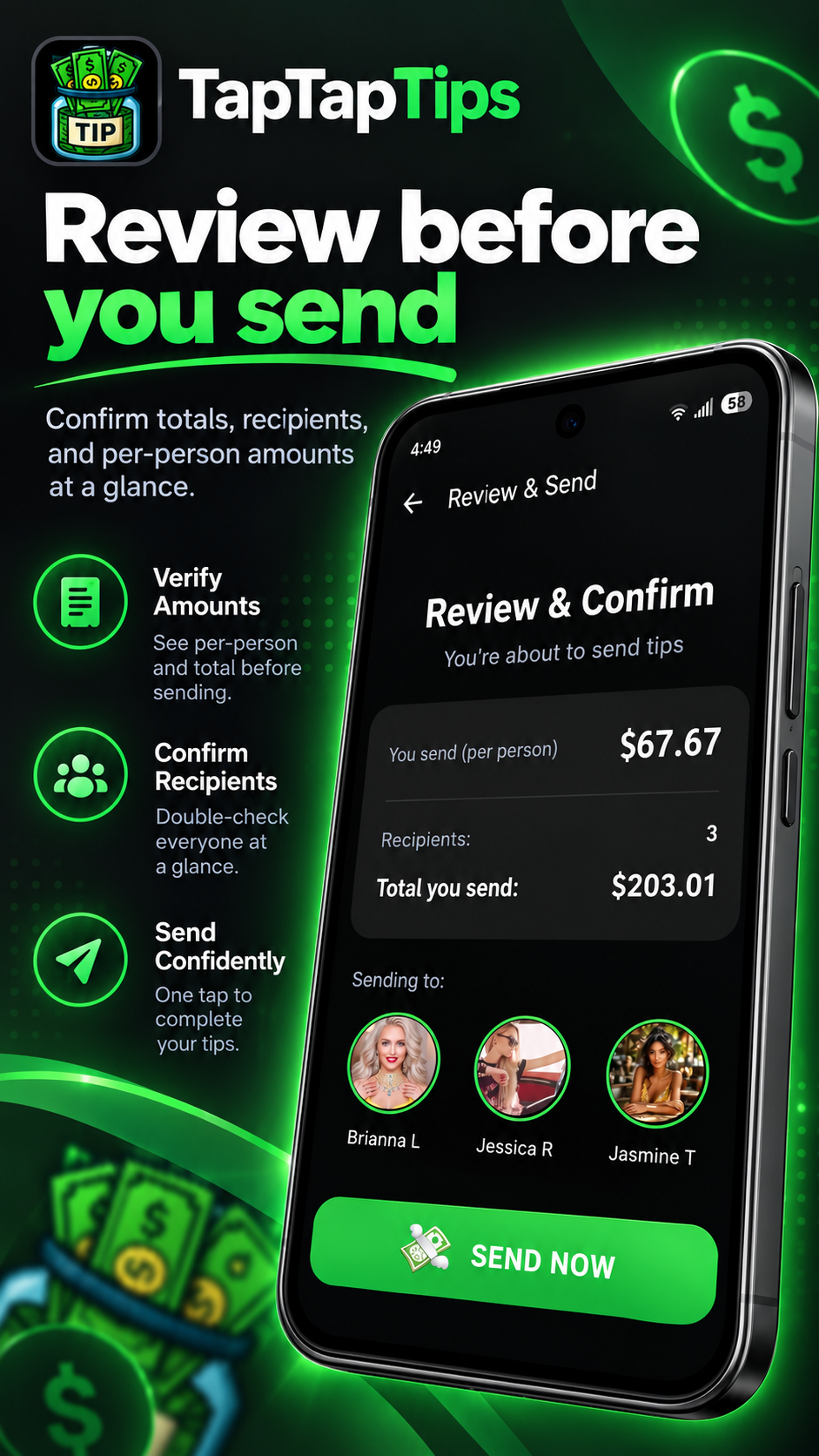 Review and confirm screen showing per-person and total amounts