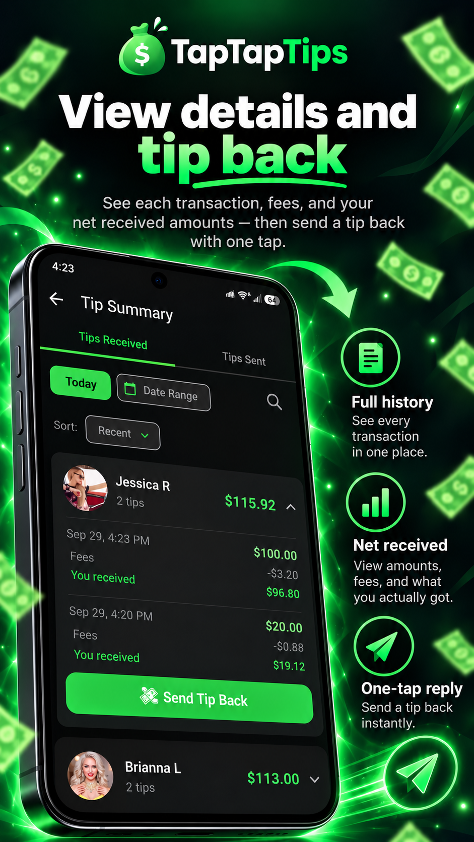 Transaction details with fees, net received and a Send Tip Back button