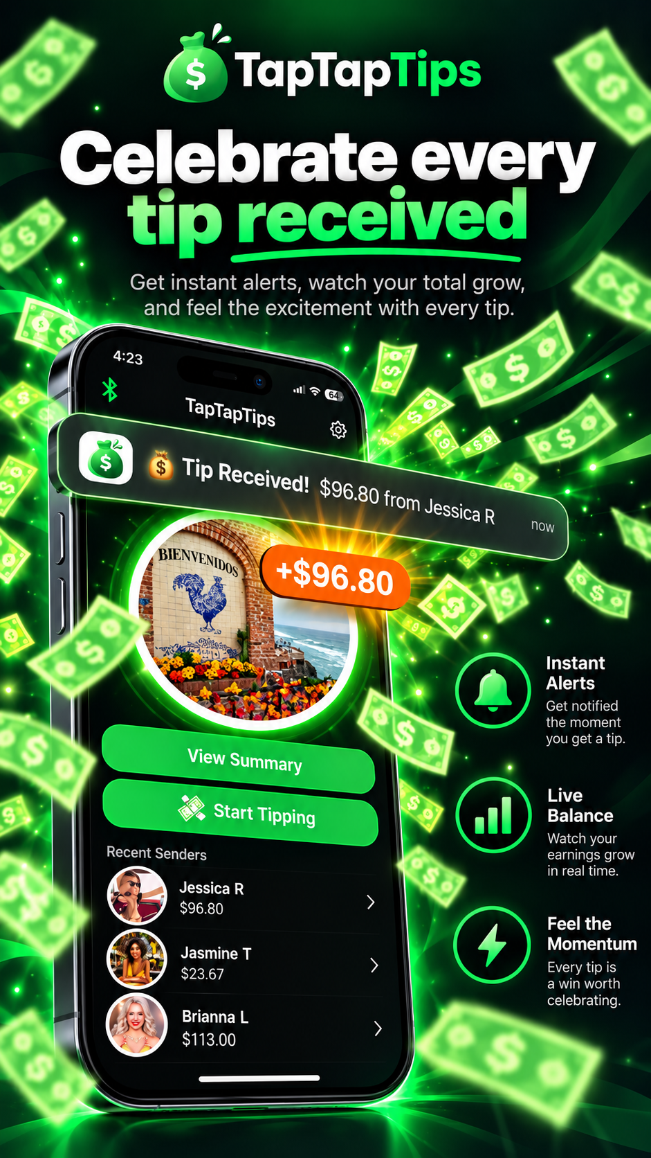 Tip received alert with money celebration animation