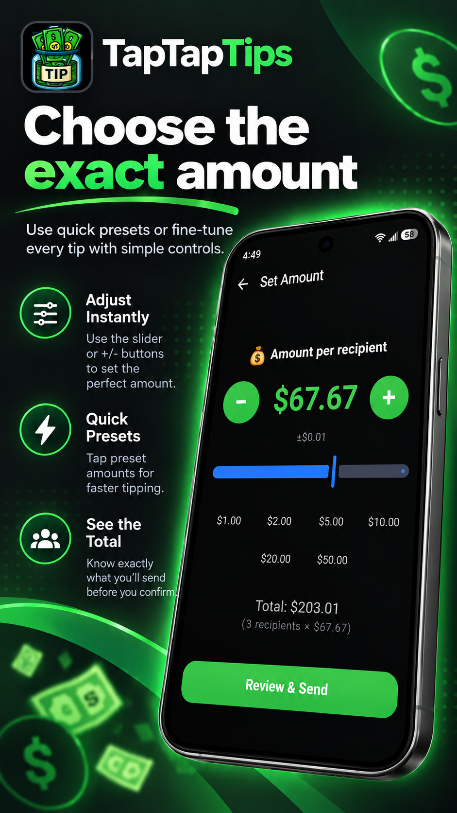 Set amount screen with slider, plus and minus buttons and presets