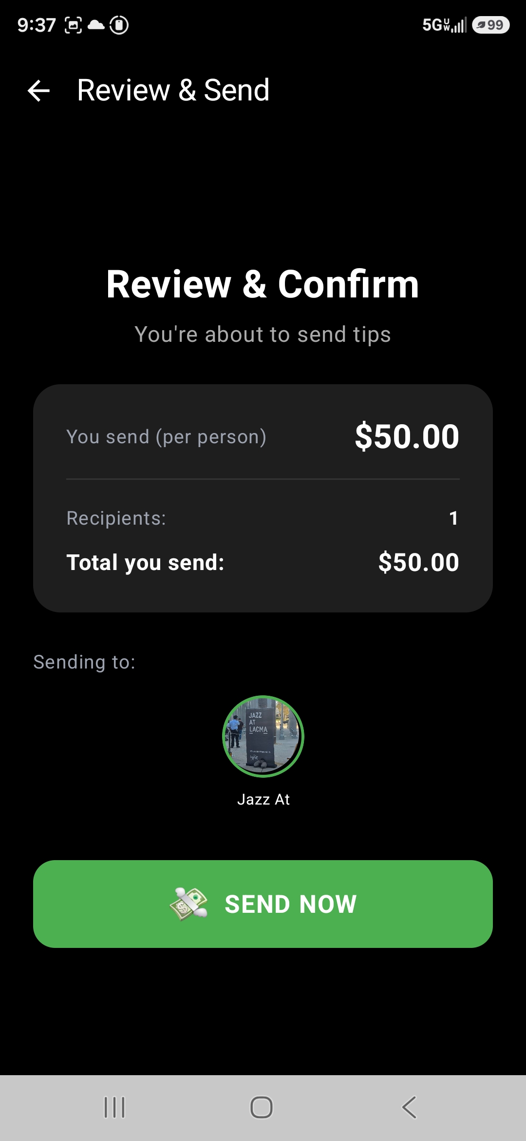 TapTapTips review and send screen processing a payment with dollar bills raining down